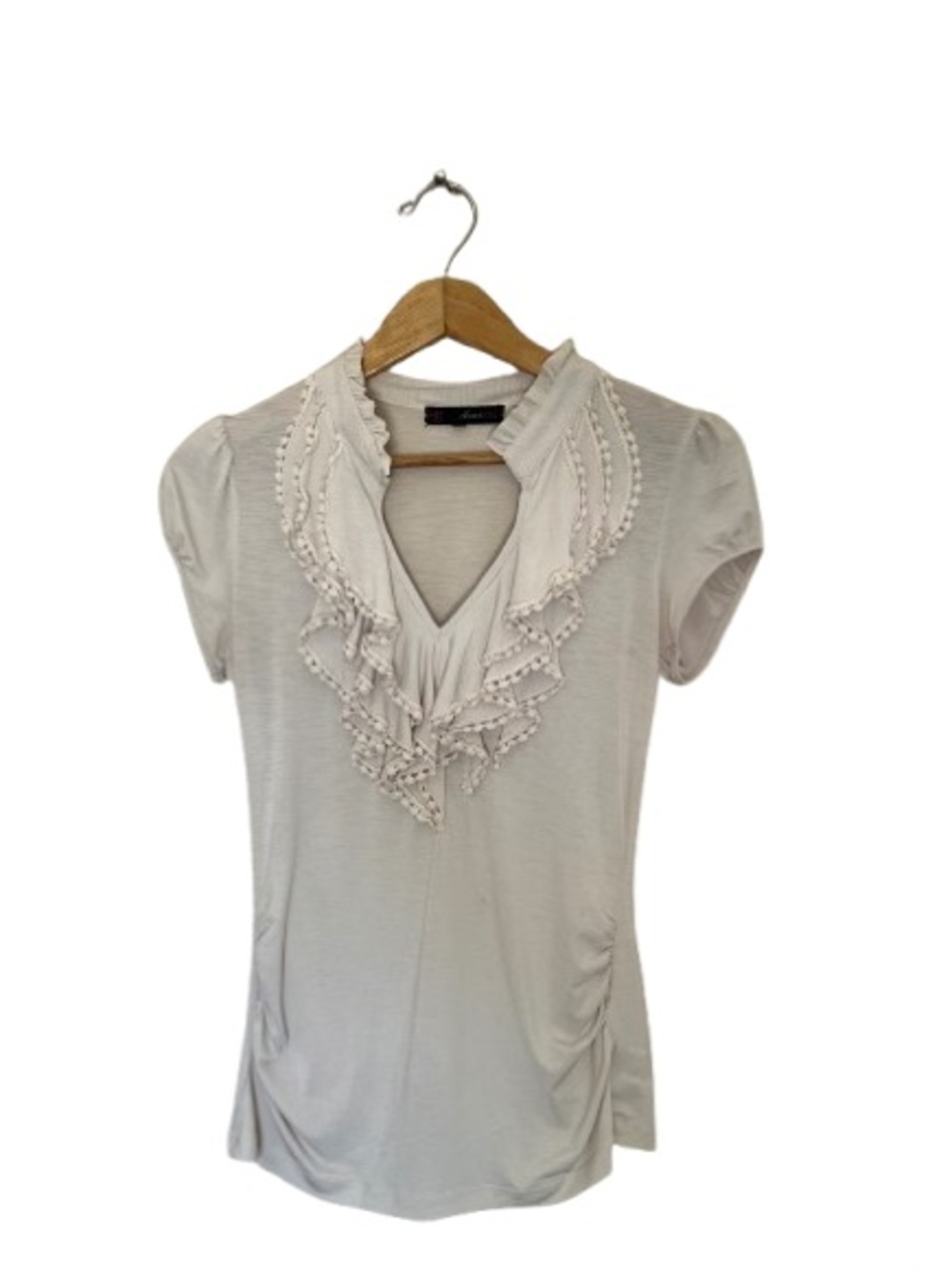 Heart Soul Cream | V-Neck Short Sleeve Ruffle Blouse